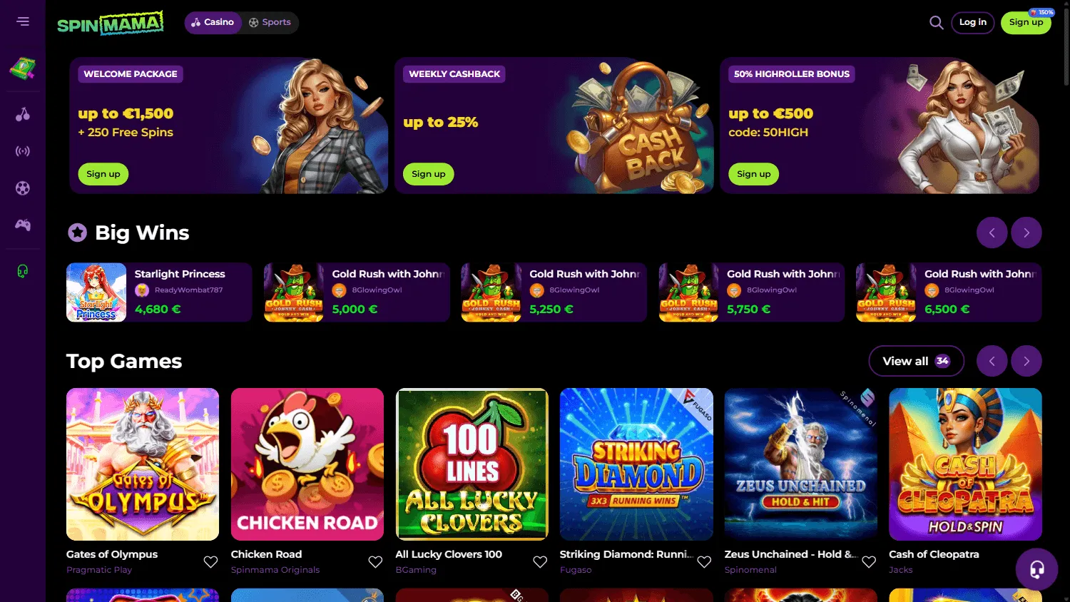 Spinmama Casino homepage on desktop with casino and sportsbook content